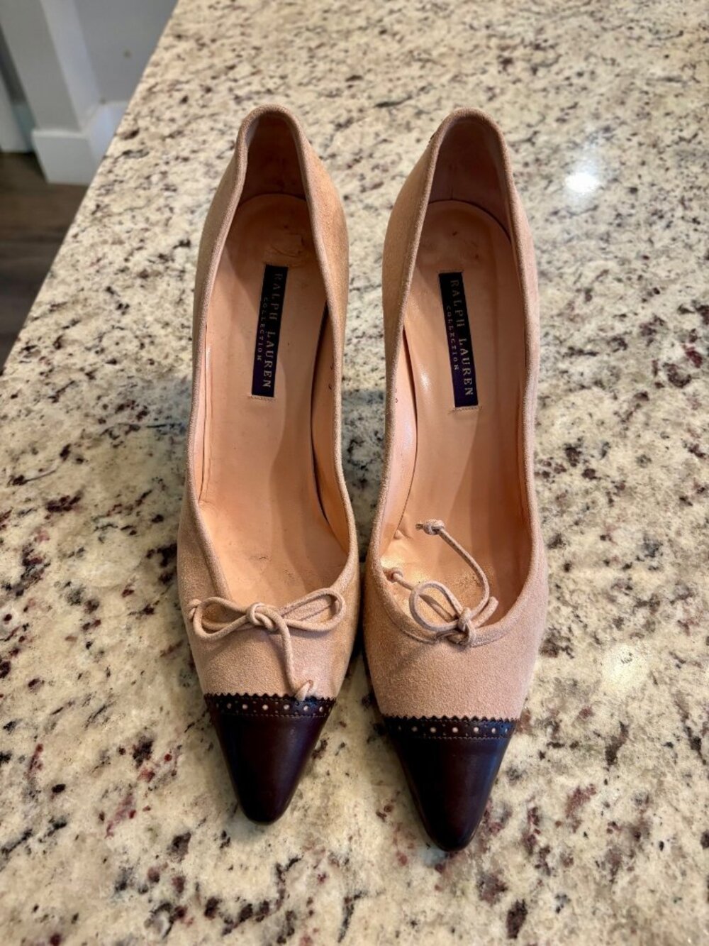 Ralph Lauren Collection Beige & Brown Suede Round-Toe Heels Size 8.5